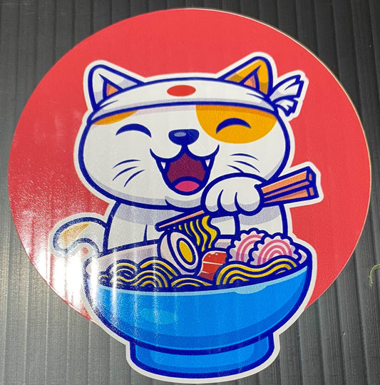 Happy Cat eating ramien vinyl sticker